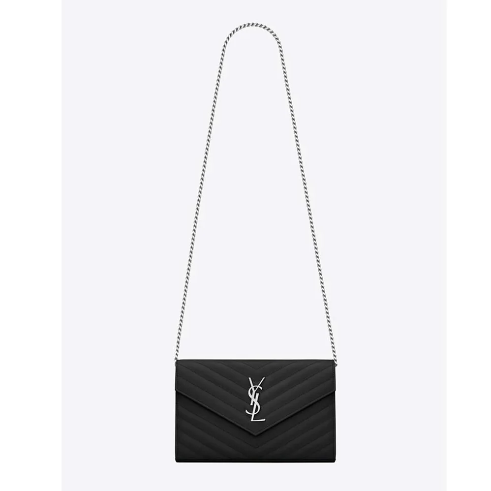 Saint Laurent Monogram Chain Wallet Grain De Poudre Embossed in Silver