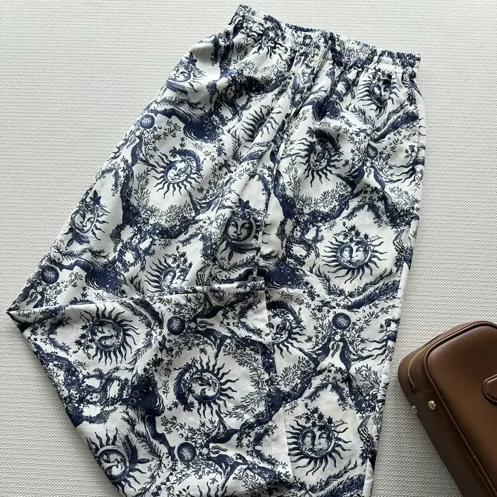 Dior Pants White and Navy Blue Toile de Jouy Soleil Cotton Voile for Women