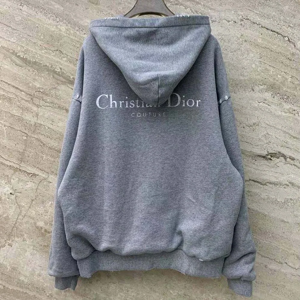 Dior Christian Dior Couture Hooded Sweatshirt Gray Cotton Fleece with Dévoré Effect for Men