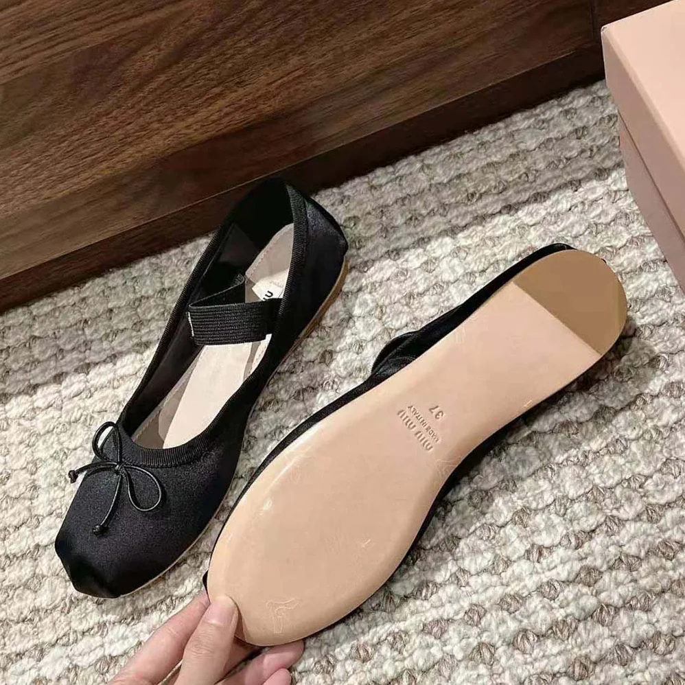 Miu Miu Satin Ballerinas with Knit Logo Label for Women in Black Miu Miu Satin Ballerinas with Knit Logo Label for Women in Black