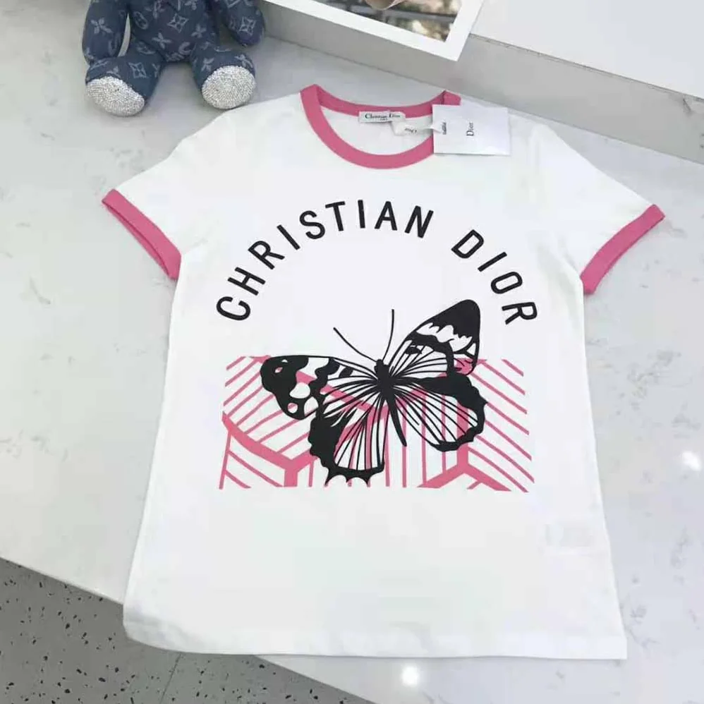 Dior T-shirt White Cotton Jersey with Fluorescent Pink D for Women in Jungle Pop Motif Dior T-shirt White Cotton Jersey with Fluorescent Pink D for Women in Jungle Pop Motif