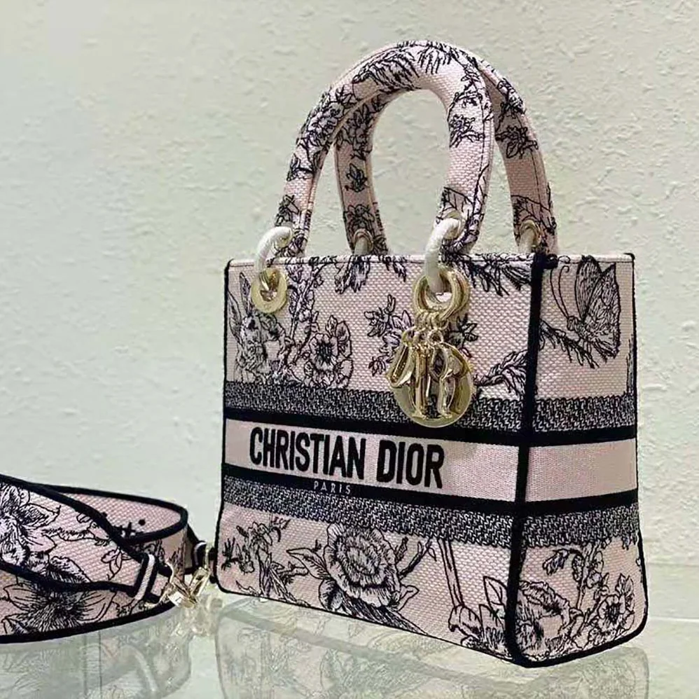 Dior Medium Lady D-lite Bag Powder Pink Dior Jardin Botanique Embroidery for Women