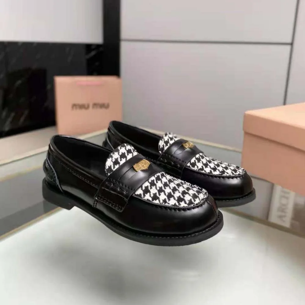 Miu Miu Brushed Leather and Gingham Check Fabric Loafers for Women