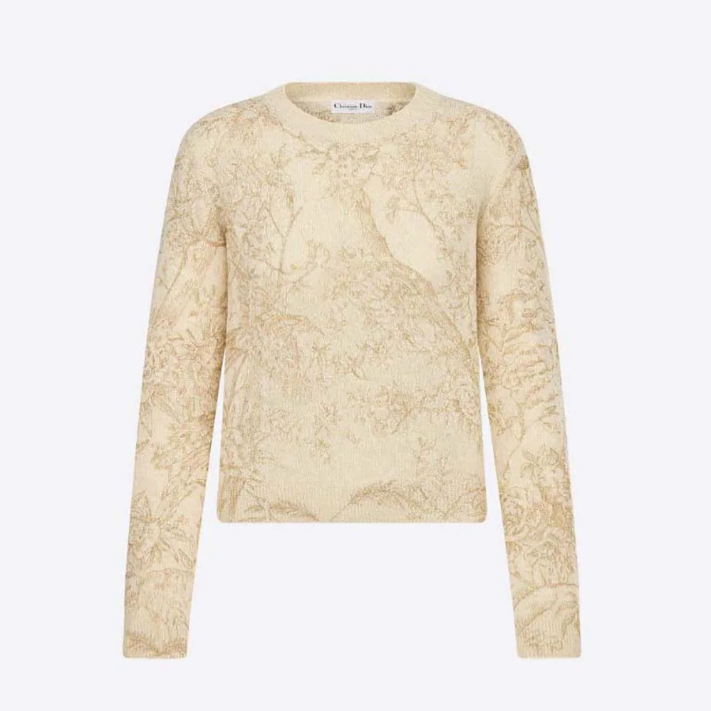 Dior Sweater Gold-Tone Technical Cashmere Knit Embroidered with Metallic Thread in a Dior Jardin D'Hiver Motif for Women