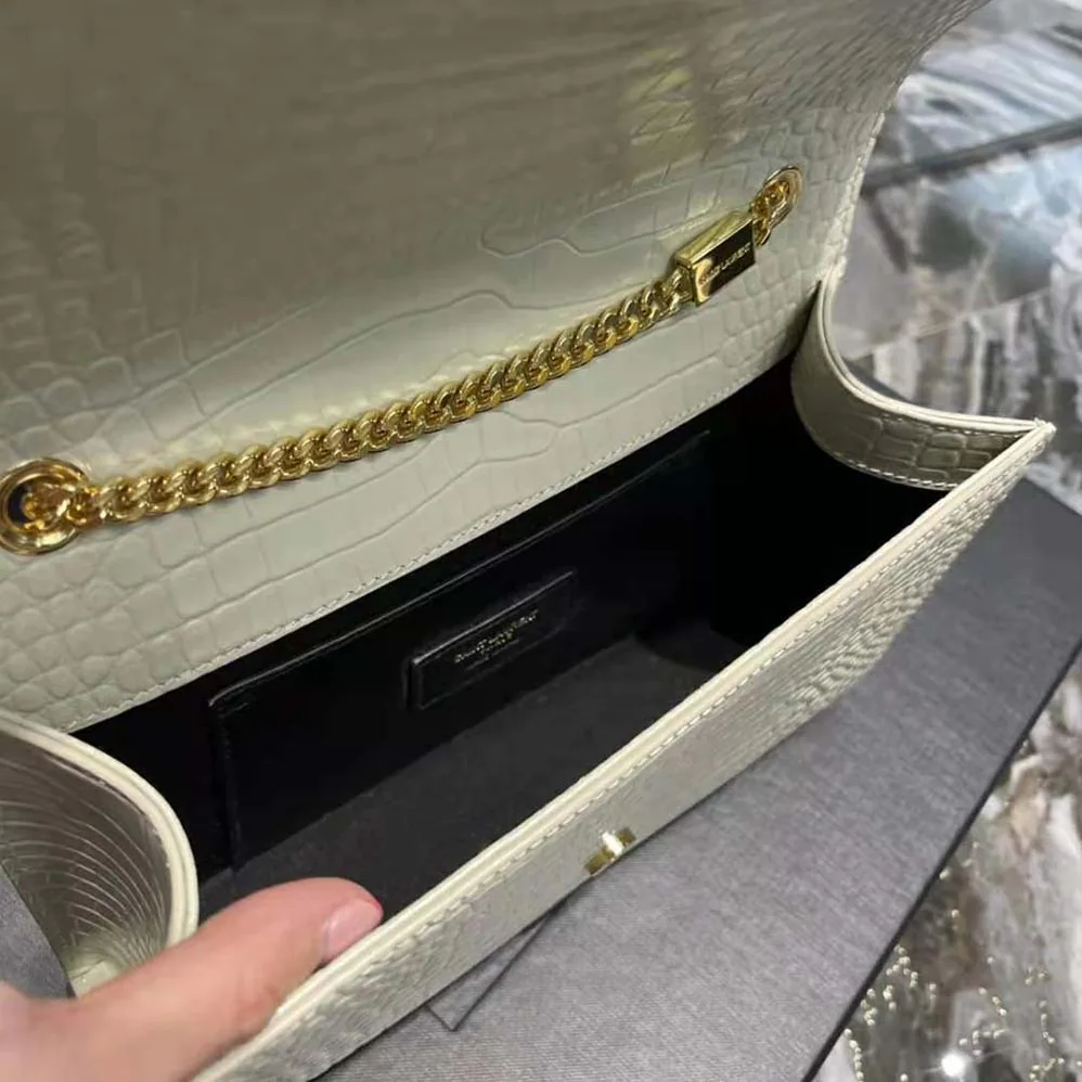 Saint Laurent YSL Kate Medium with Tassel in Crocodile-Embossed Shiny Leather for Women in White Saint Laurent YSL Kate Medium with Tassel in Crocodile-Embossed Shiny Leather for Women in White