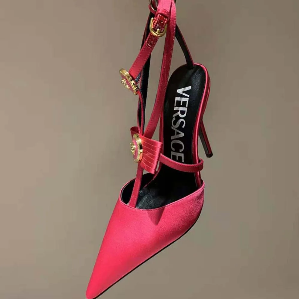 Versace Gianni Ribbon Cage Satin Pumps for Women in Rose Versace Gianni Ribbon Cage Satin Pumps for Women in Rose