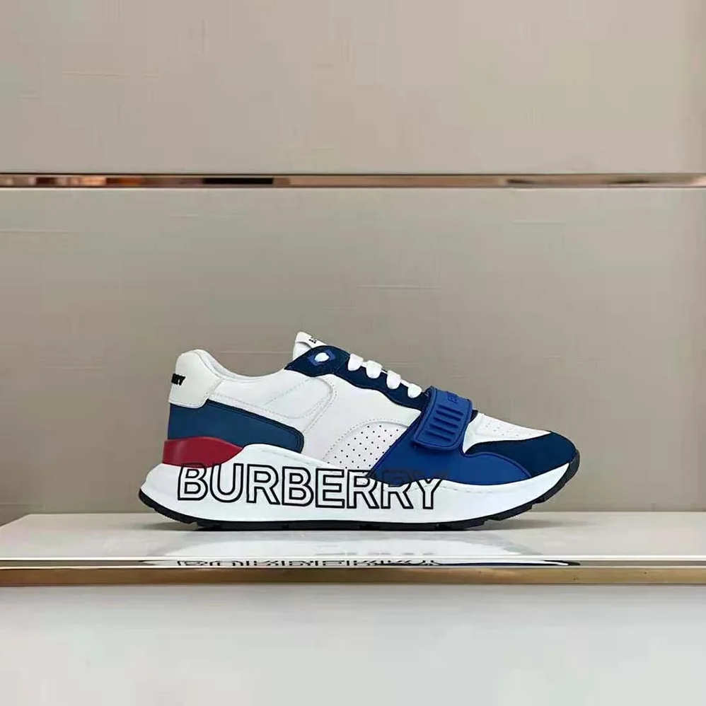 Burberry Logo Print Leather Sneakers for Men in Blue Burberry Logo Print Leather Sneakers for Men in Blue