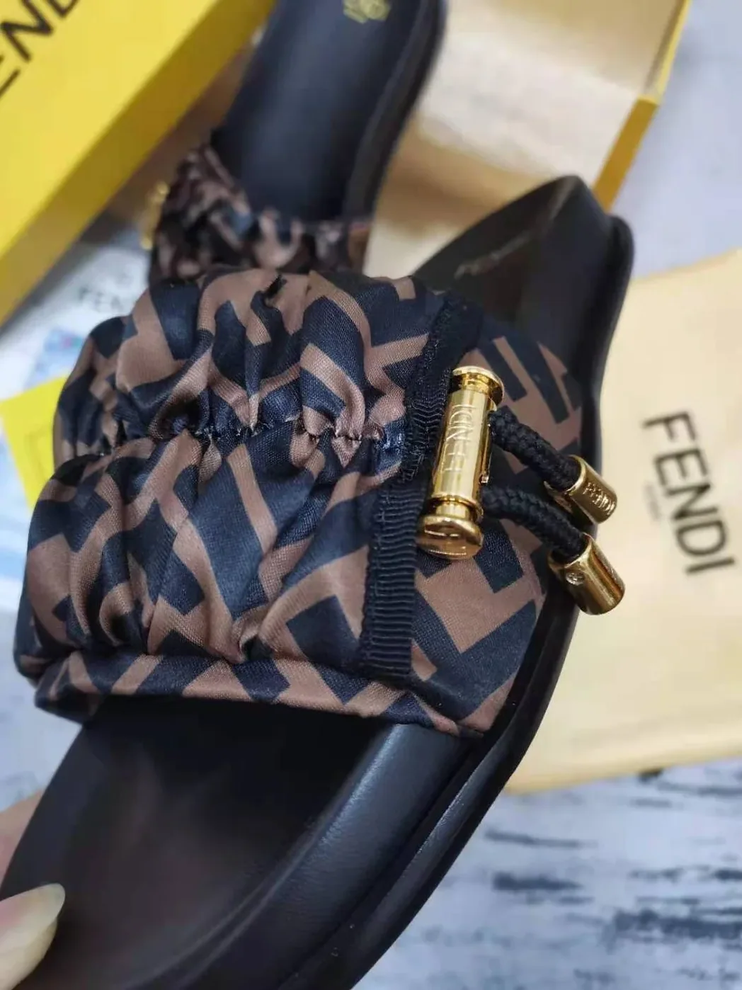 Fendi Feel Brown Satin Slides 8X8142AE7SF0R7V Fendi Feel Brown Satin Slides 8X8142AE7SF0R7V