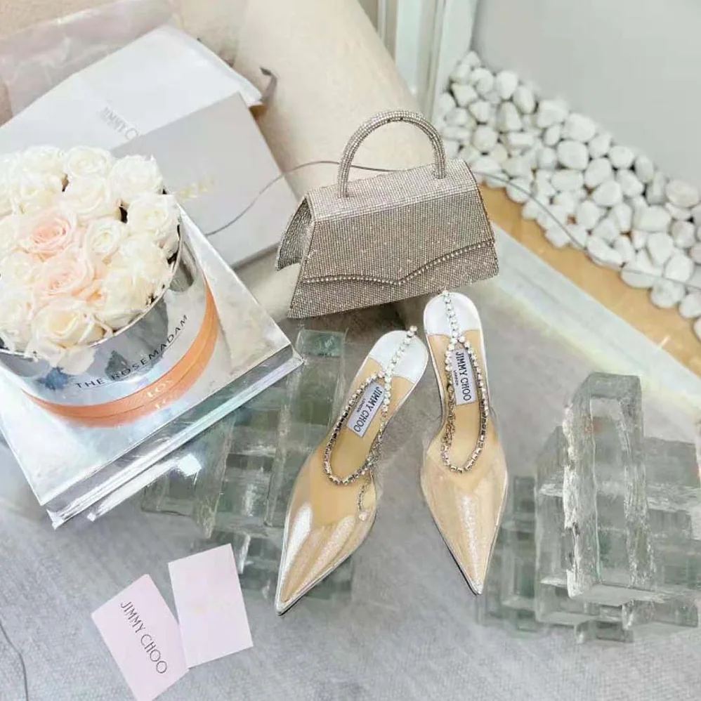 Jimmy Choo Saeda 100 Silver Glitter Plexi Pumps with Crystal Embellishment for Women
