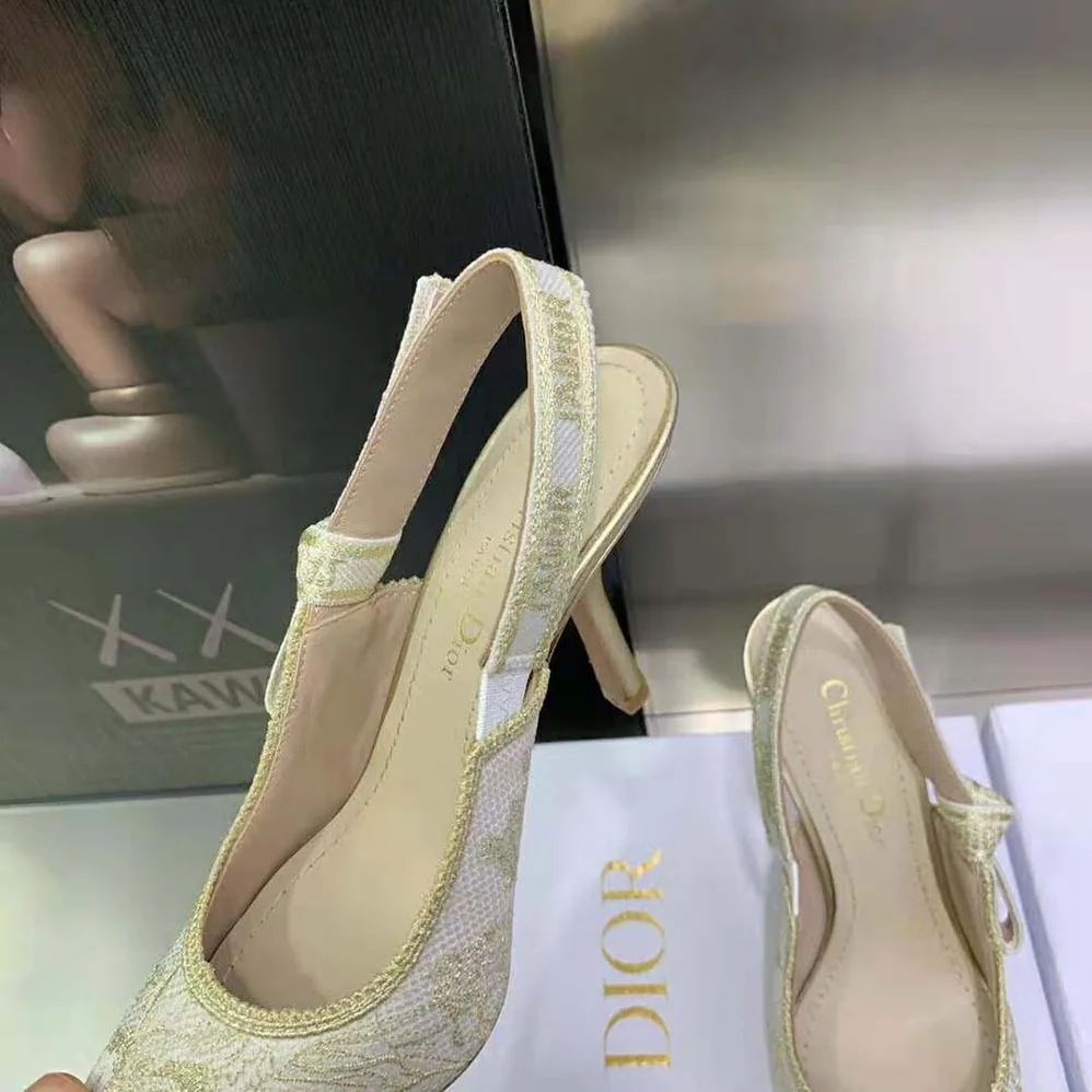 Dior J'Adior Slingback Pump White and Gold for Women in Tone Cotton Embroidered