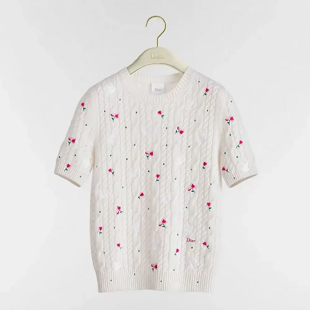 Dior Dioramour Embroidered Short-Sleeved Sweater Ecru Cashmere Cable for Women in Knit