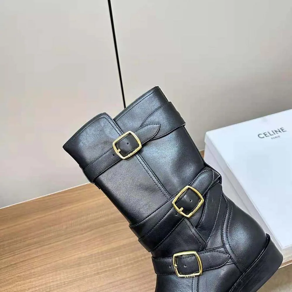 Celine Celine Lyra Triple Buckles Boot in Calfskin for Women in Black Celine Celine Lyra Triple Buckles Boot in Calfskin for Women in Black