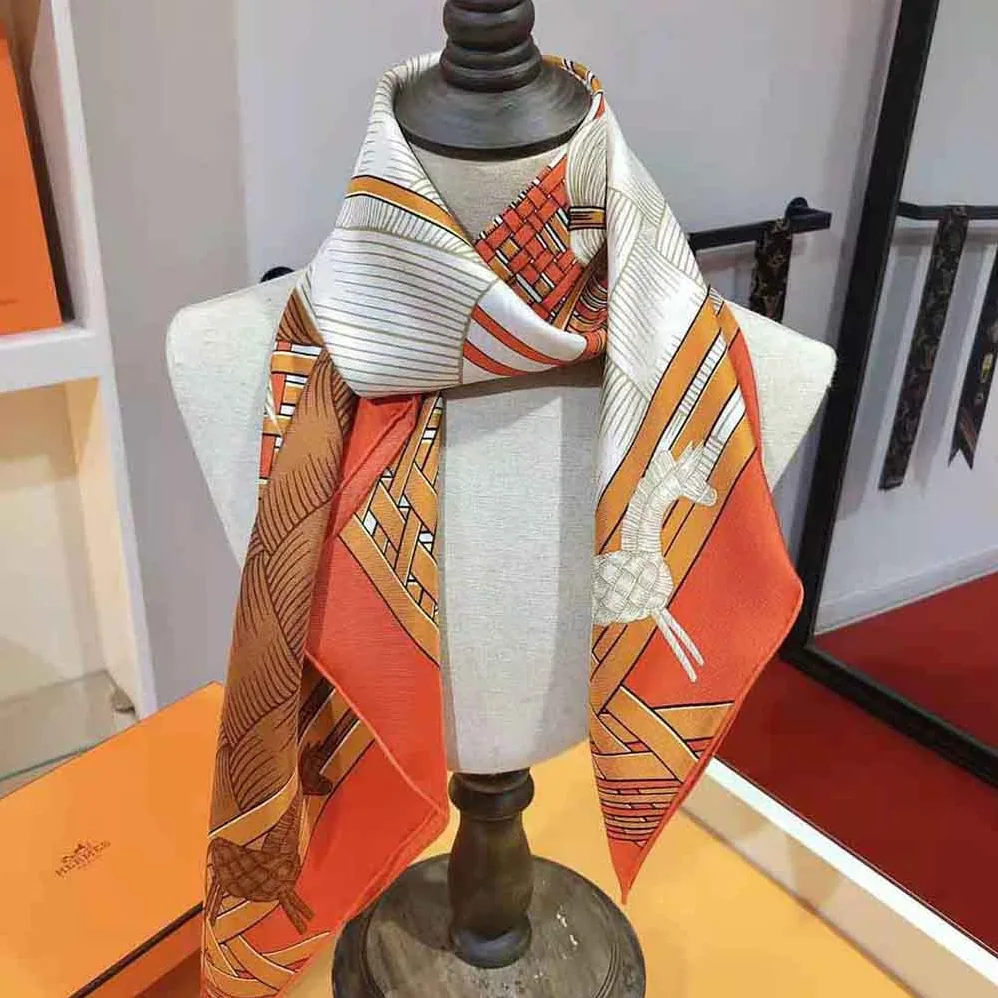 Hermes Masan and Masan Scarf 90 with Hand-Rolled Edges for Women in Orange