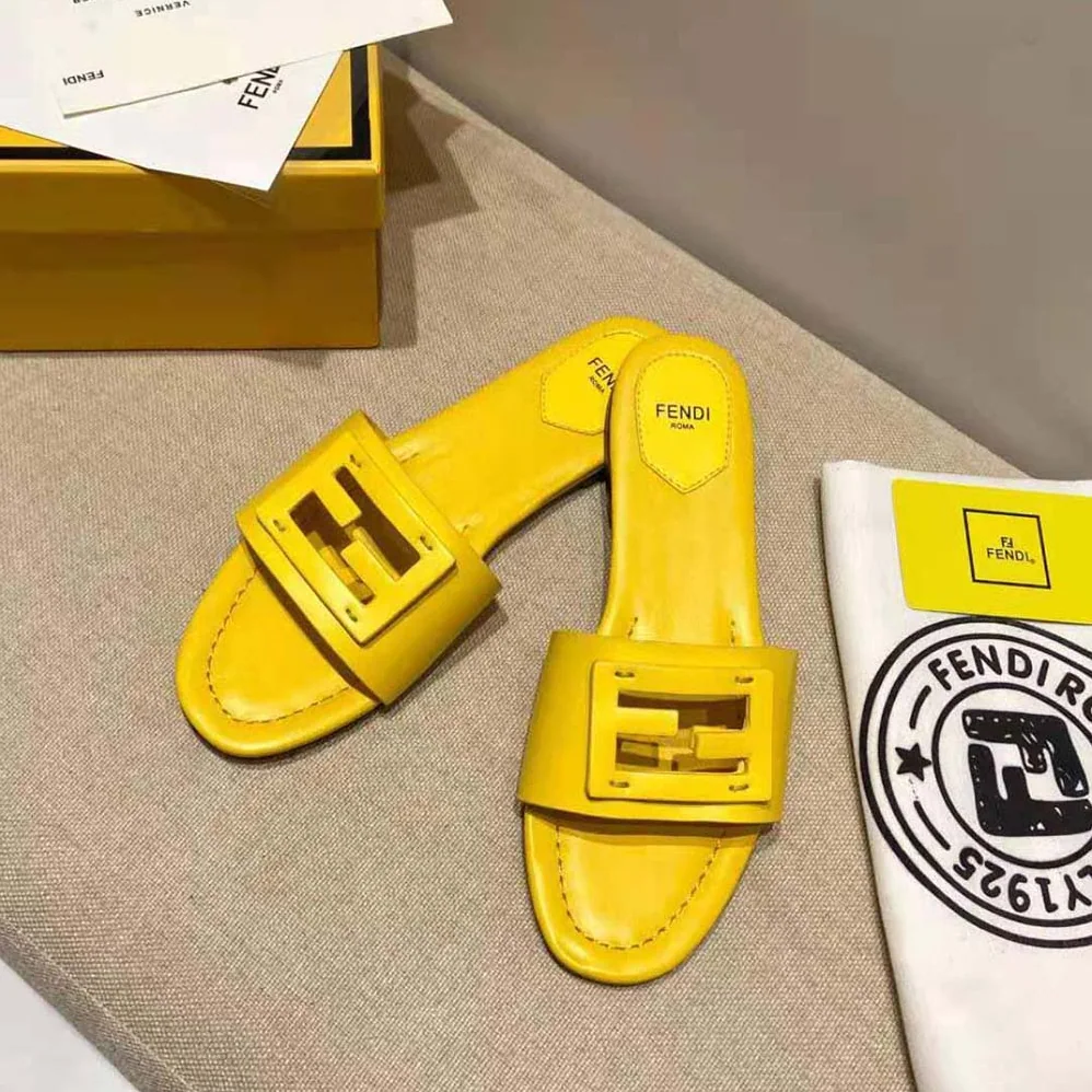 Fendi Signature Yellow Leather Slides in 0.4 inches Heel Height for Women