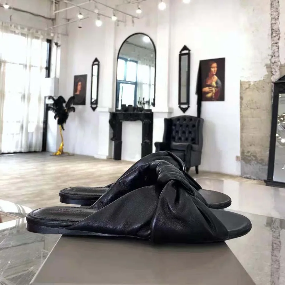 Balenciaga Drapy Flat Sandal in Black Smooth Nappa Lambskin for Women
