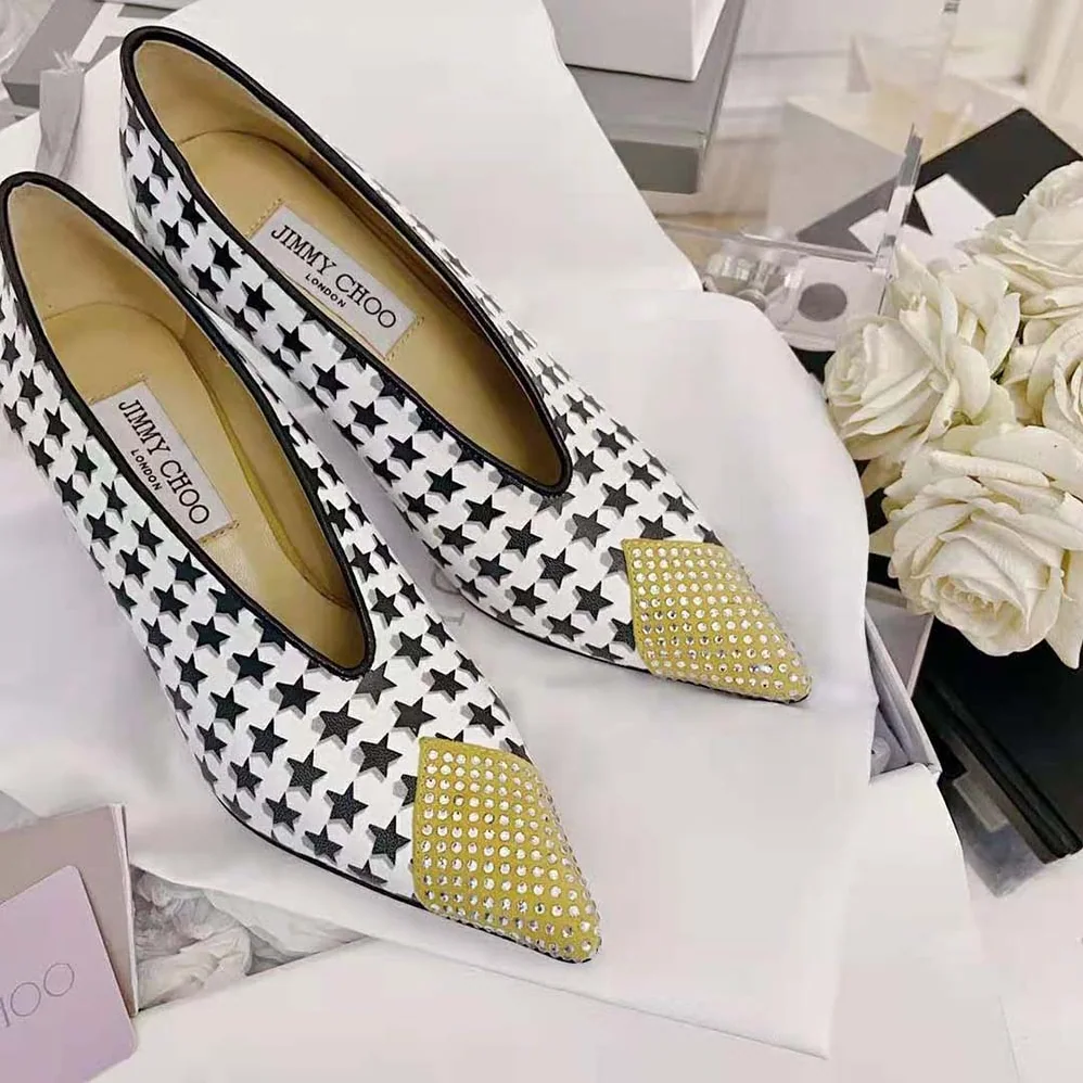 Jimmy Choo Nicole 90 Latte and Black Star Houndstooth Printed Wool Pumps for Women