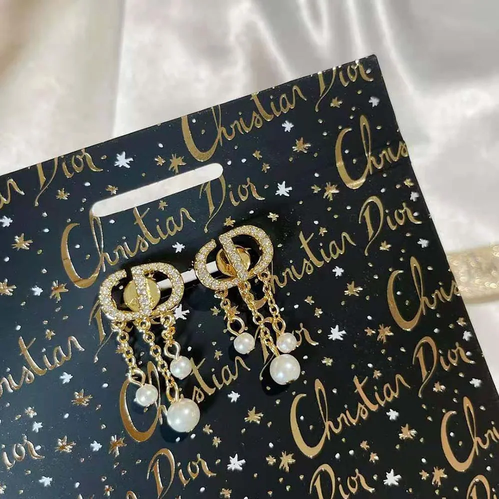 Dior Petit CD Earrings Gold-Finish Metal with White Resin Pearls and White Crystals for Women Dior Petit CD Earrings Gold-Finish Metal with White Resin Pearls and White Crystals for Women