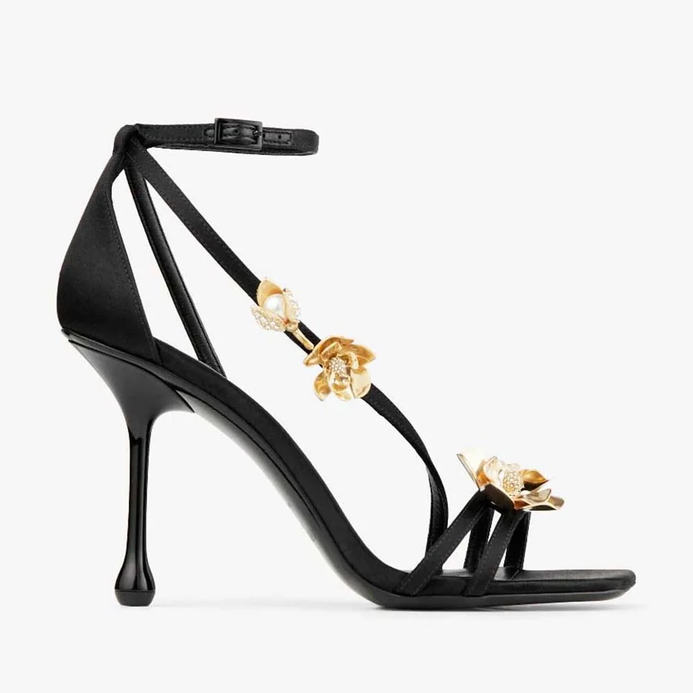 Jimmy Choo Zea 95 Black Satin Sandals with Metal Flowers-ZEA95BGU for Women Jimmy Choo Zea 95 Black Satin Sandals with Metal Flowers-ZEA95BGU for Women