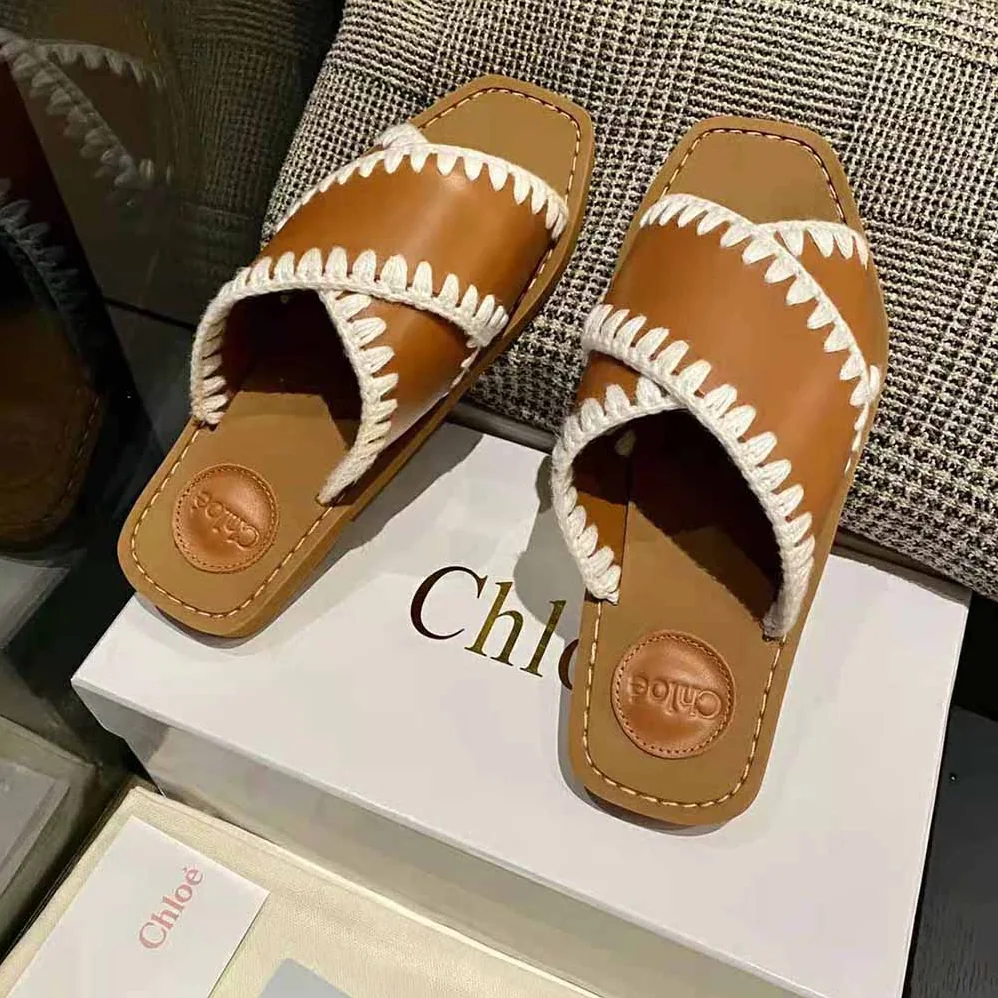 Chloe Woody Flat Slide for Women in Brown