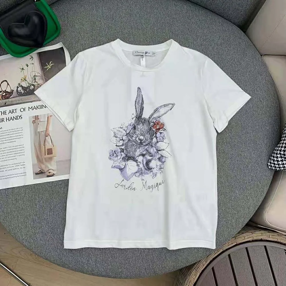 Dior T-shirt Ecru Cotton Jersey and Linen with Dior Jardin Magique Motif for Women