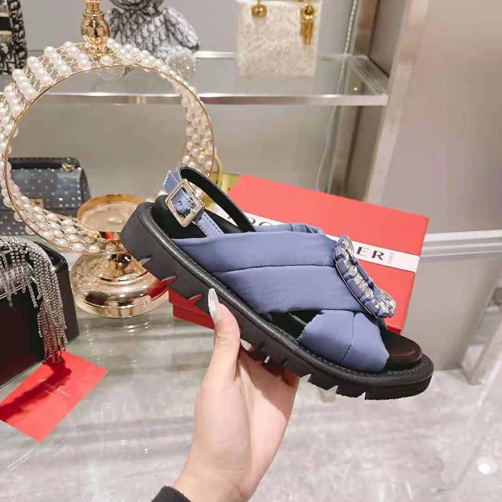 Roger Vivier Viv Winter Puffy Strass Buckle Sandals in Satin for Women in Navy Roger Vivier Viv Winter Puffy Strass Buckle Sandals in Satin for Women in Navy