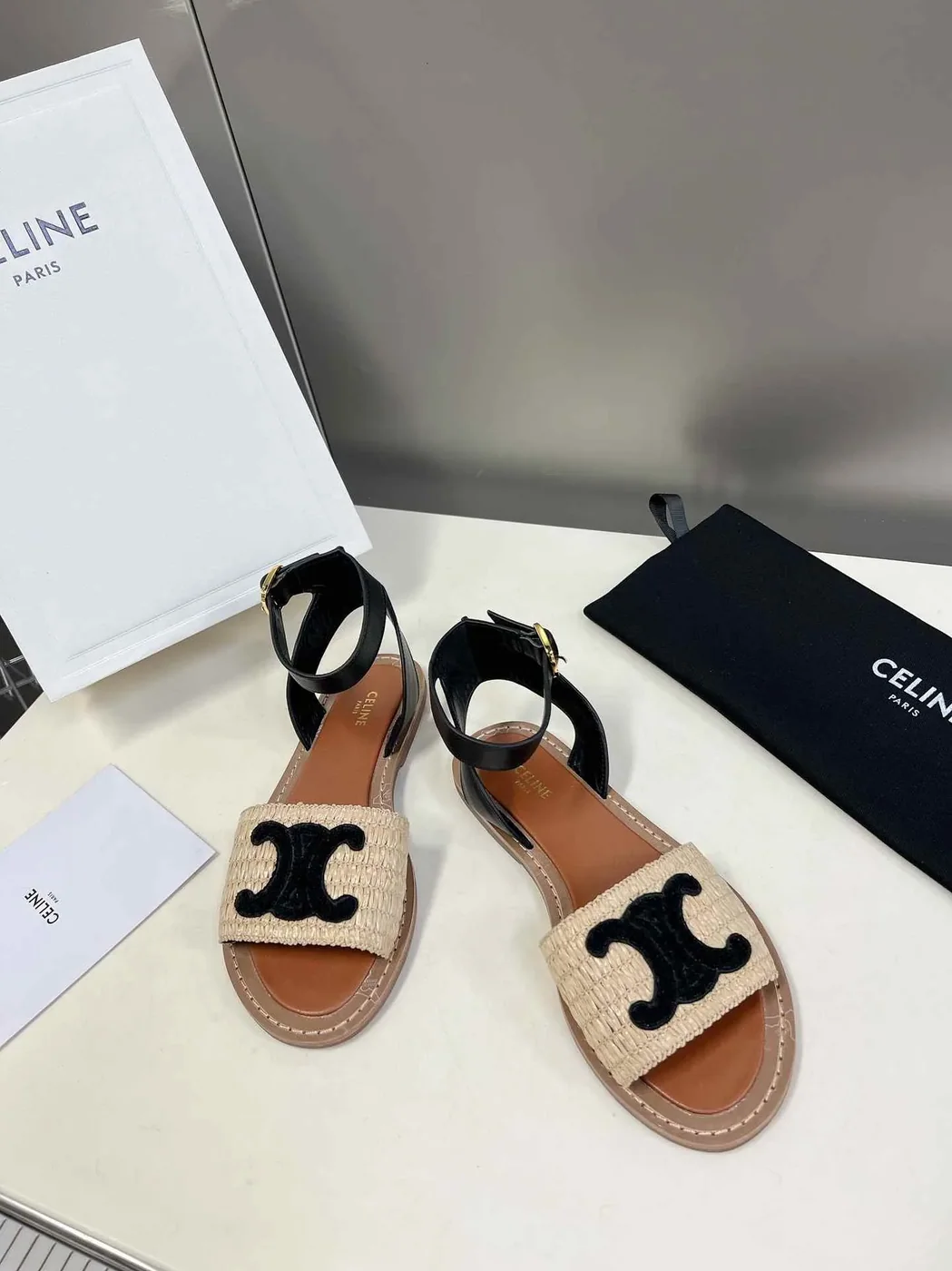 Celine Lympia Flat Strap Sandal In Raffia Black .02BL Celine Lympia Flat Strap Sandal In Raffia Black .02BL