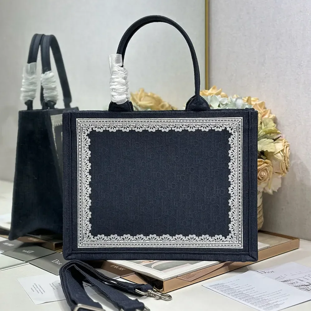 Dior Medium Dior Book Tote with Strap Celestial Blue Dior Oblique Embroidery with White Lace and Dior Médaillon for Wome Dior Medium Dior Book Tote with Strap Celestial Blue Dior Oblique Embroidery with White Lace and Dior Médaillon for Wome