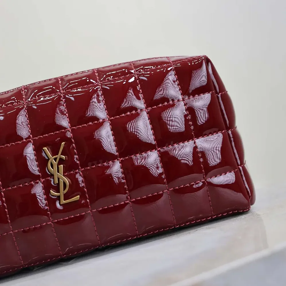 Saint Laurent YSL Cassandre Matelassé Carré Pouch On Chain In Shiny Canvas for Women in Msroon Saint Laurent YSL Cassandre Matelassé Carré Pouch On Chain In Shiny Canvas for Women in Msroon