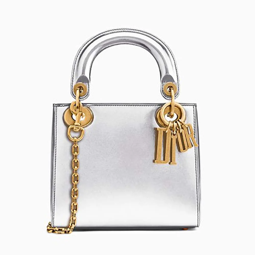 Dior Mini Lady Dior Bag Chain Silver in Tone Metallic Calfskin Dior Mini Lady Dior Bag Chain Silver in Tone Metallic Calfskin