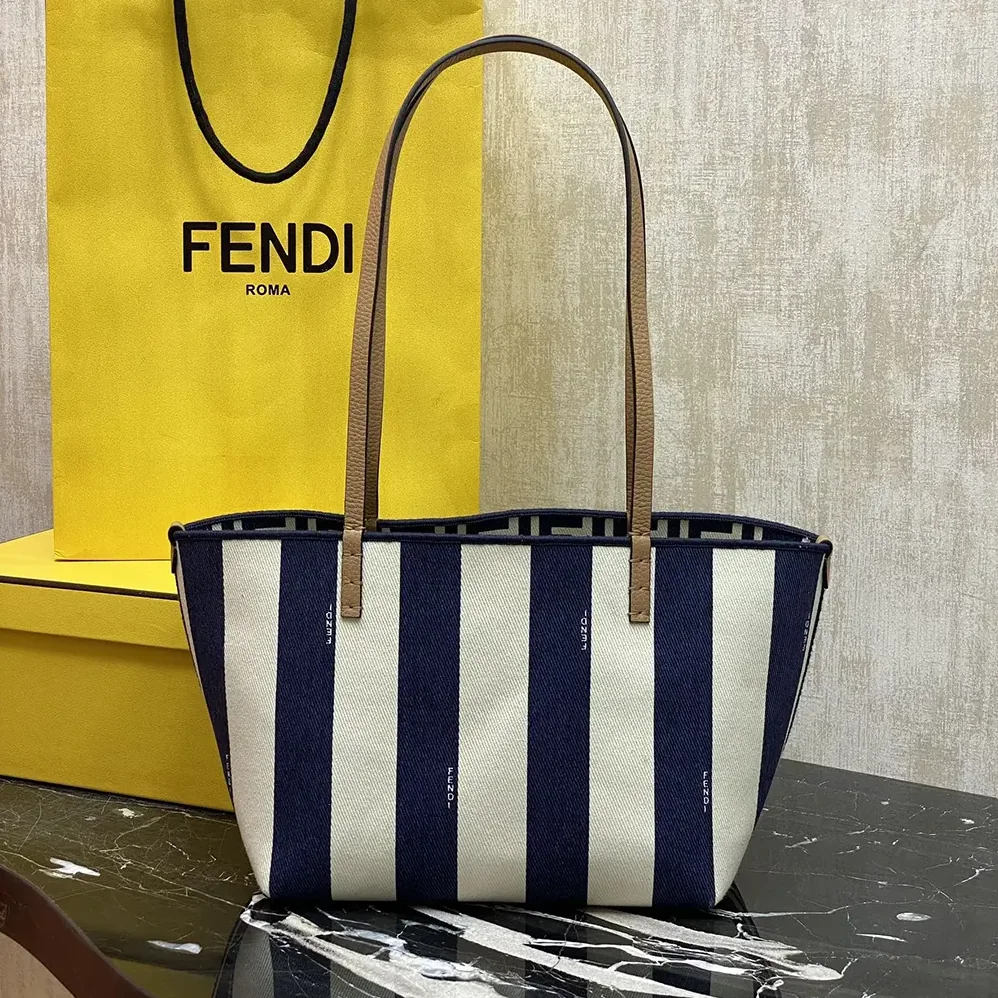 Fendi Small Roll Reversible Shopper in Pequin Striped and Midnight Blue FF Fabric for Women Fendi Small Roll Reversible Shopper in Pequin Striped and Midnight Blue FF Fabric for Women