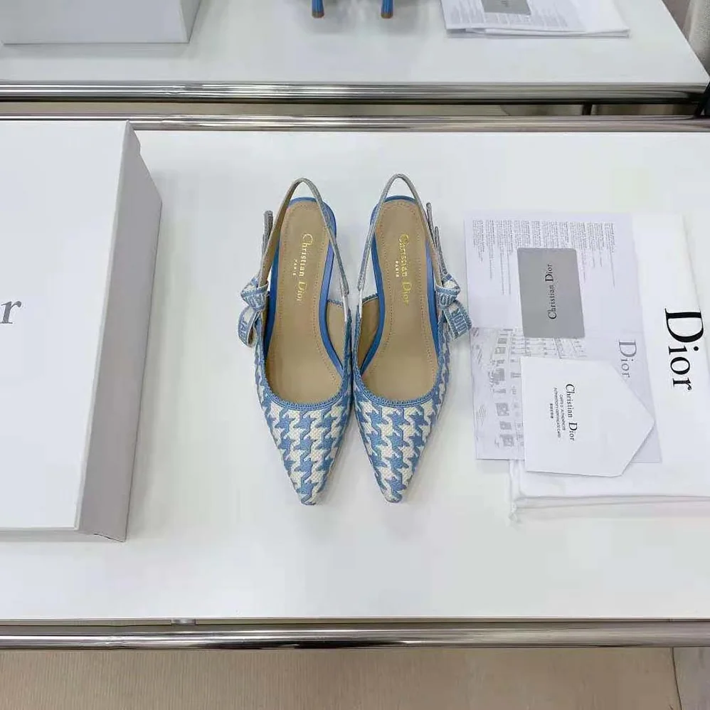 Dior J Adior Slingback Pump Cornflower Blue Cotton Embroidery with Micro Houndstooth Motif for Women Dior J Adior Slingback Pump Cornflower Blue Cotton Embroidery with Micro Houndstooth Motif for Women