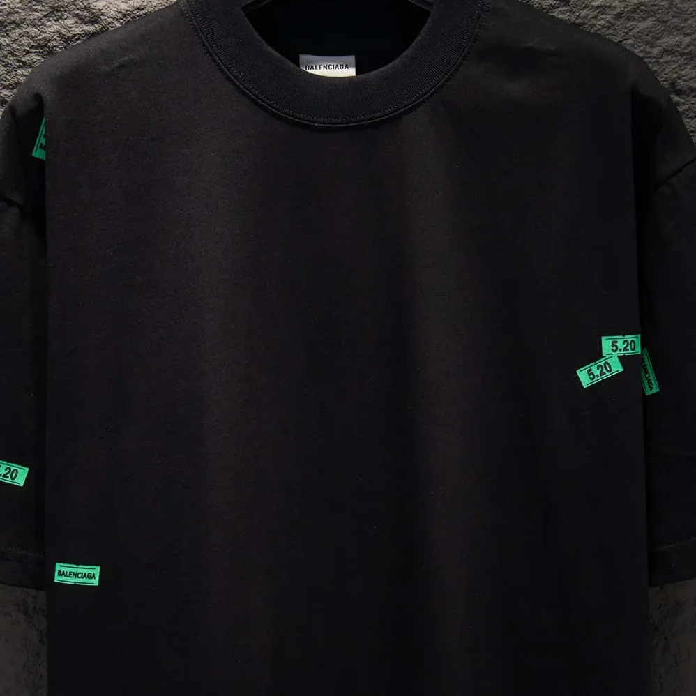 Balenciaga 520 Stickers Medium Fit T-Shirt in Black and Green Dry Jersey for Men Balenciaga 520 Stickers Medium Fit T-Shirt in Black and Green Dry Jersey for Men