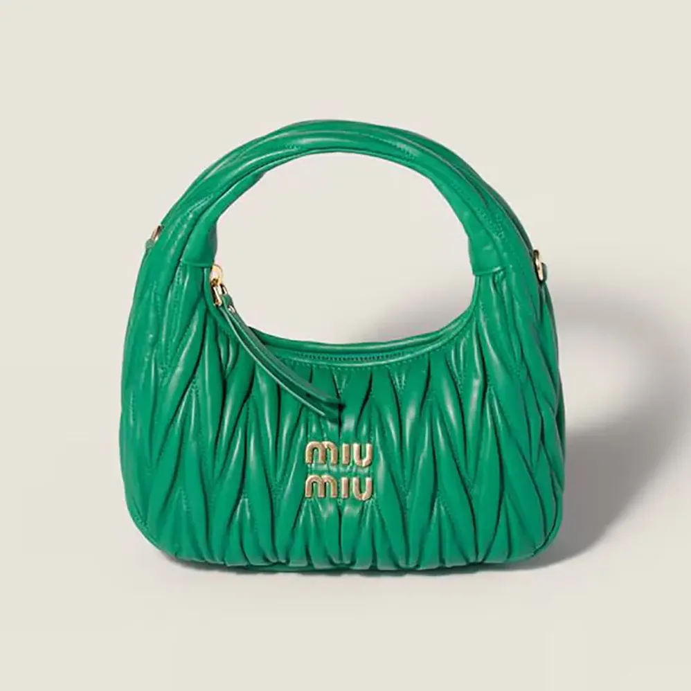 Miu Miu Wander Matelassé Nappa Leather Hobo Bag for Women in Green Miu Miu Wander Matelassé Nappa Leather Hobo Bag for Women in Green