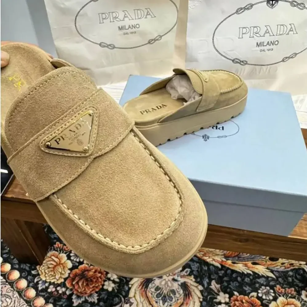 Prada Suede Flatform Mules with Enameled Metal Triangle Logo for Women
