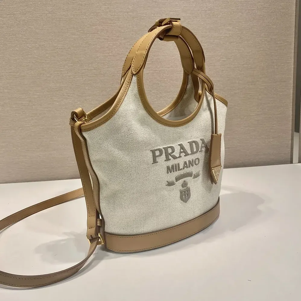 Prada Medium Linen Blend and Leather Tote Bag for Women Prada Medium Linen Blend and Leather Tote Bag for Women