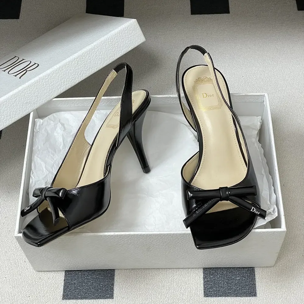 Dior Bow Heeled Slingback Sandal Black Lambskin for Women