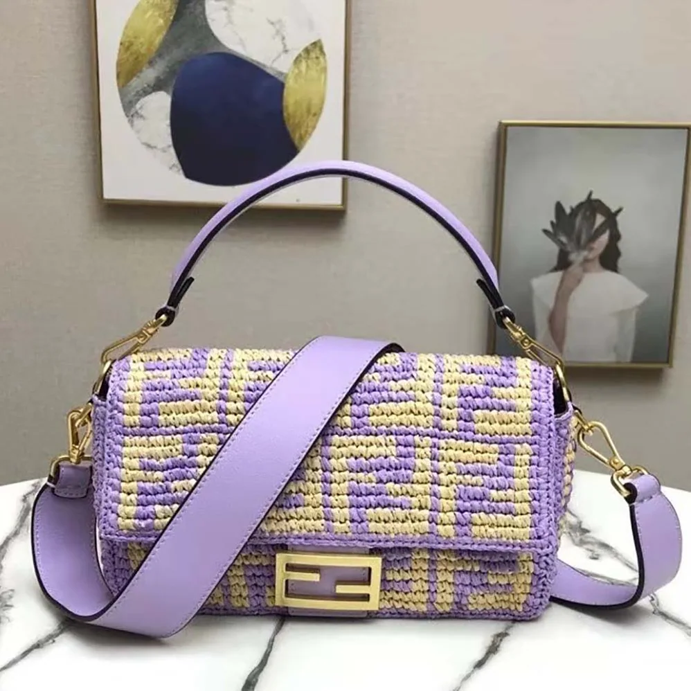 Fendi Baguette Large Lilac FF Raffia Bag for Women