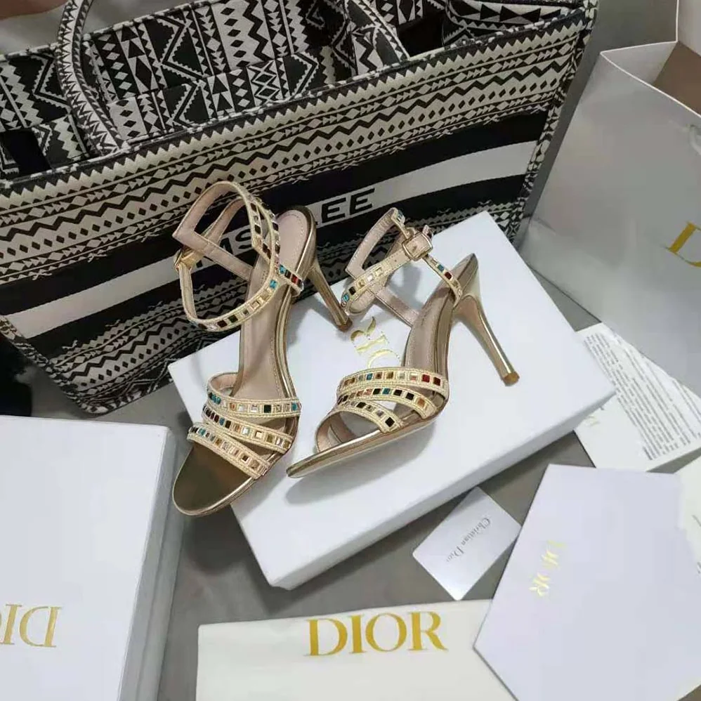Dior Gem Heeled Sandal Gold for Women in Tone Cotton Embroidered Dior Gem Heeled Sandal Gold for Women in Tone Cotton Embroidered