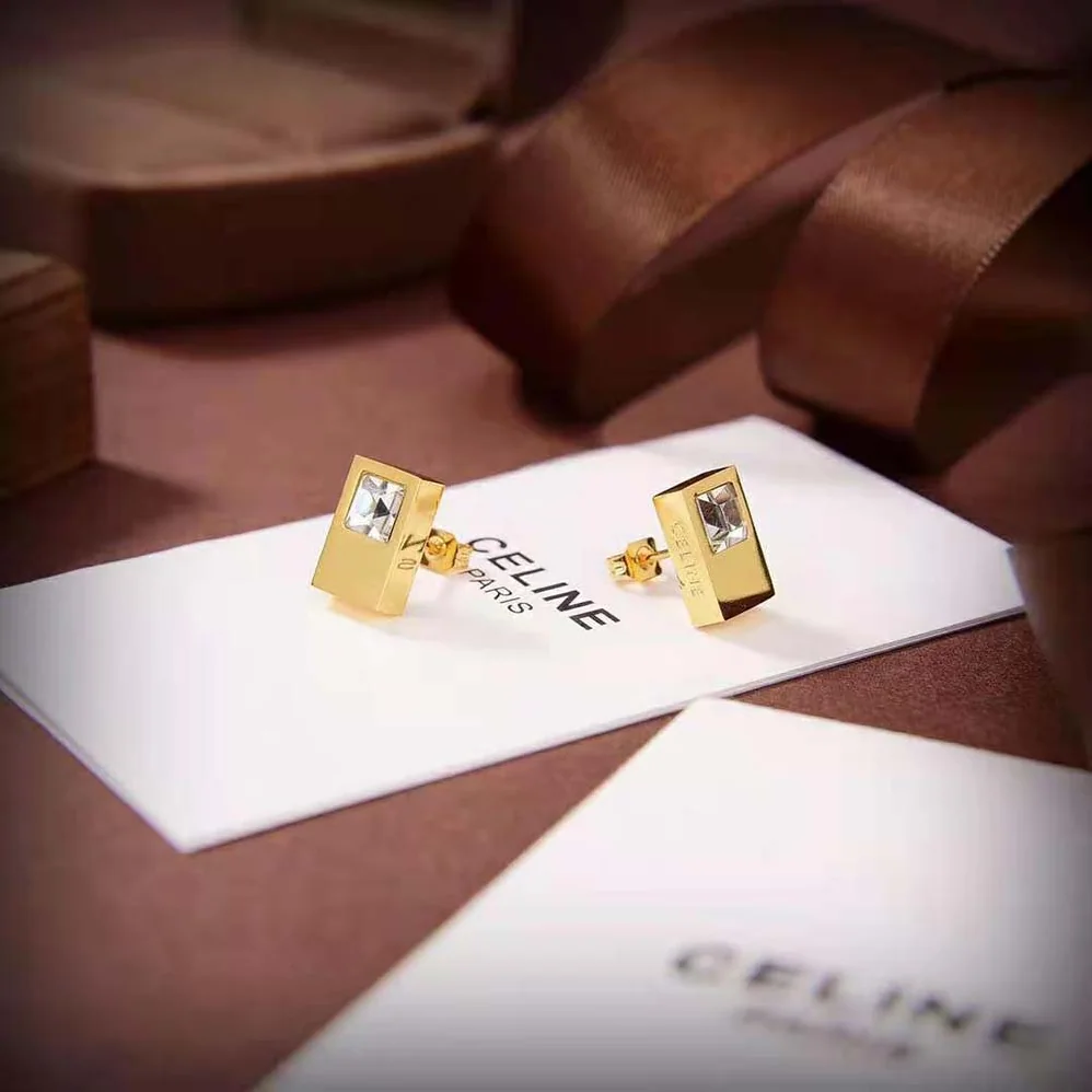 Celine Sentimental Double Square Stud in Yellow Gold and Diamond for Women
