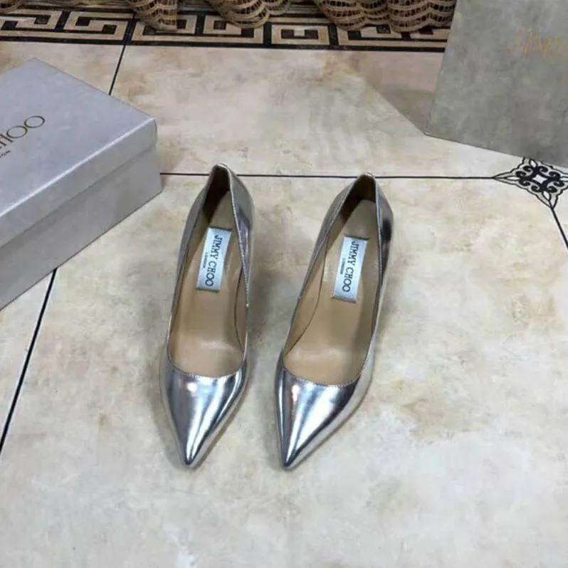 Jimmy Choo Shoes Romy 85 Silver Liquid Mirror Leather Pointy Toe Pumps for Women