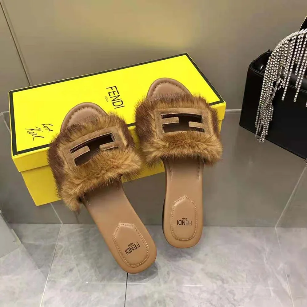 Fendi Signature Brown Mink Slides for Women