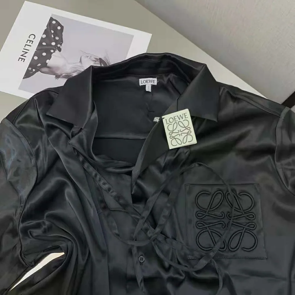 Loewe Anagram Embroidered Pyjama Blouse in Satin for Women in Black Loewe Anagram Embroidered Pyjama Blouse in Satin for Women in Black
