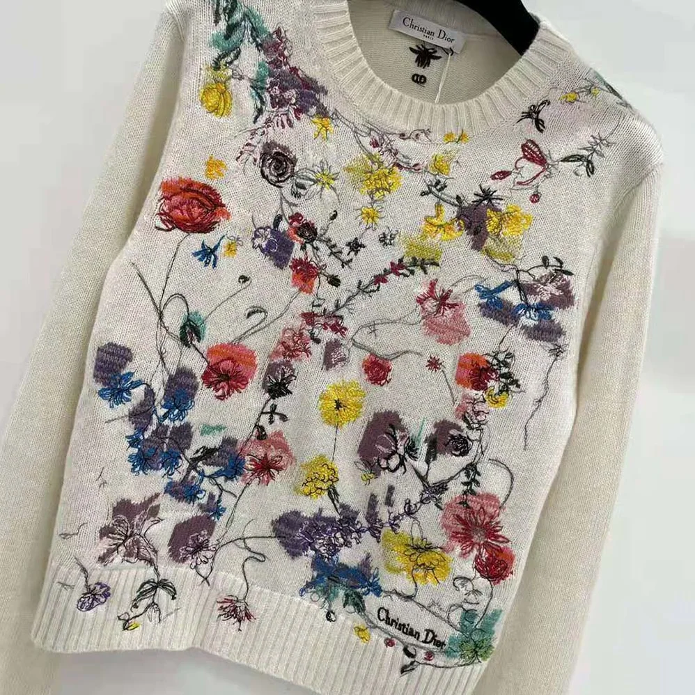 Dior Embroidered Sweater White Cashmere Knit with Red Multicolor Florilegio Motif for Women Dior Embroidered Sweater White Cashmere Knit with Red Multicolor Florilegio Motif for Women