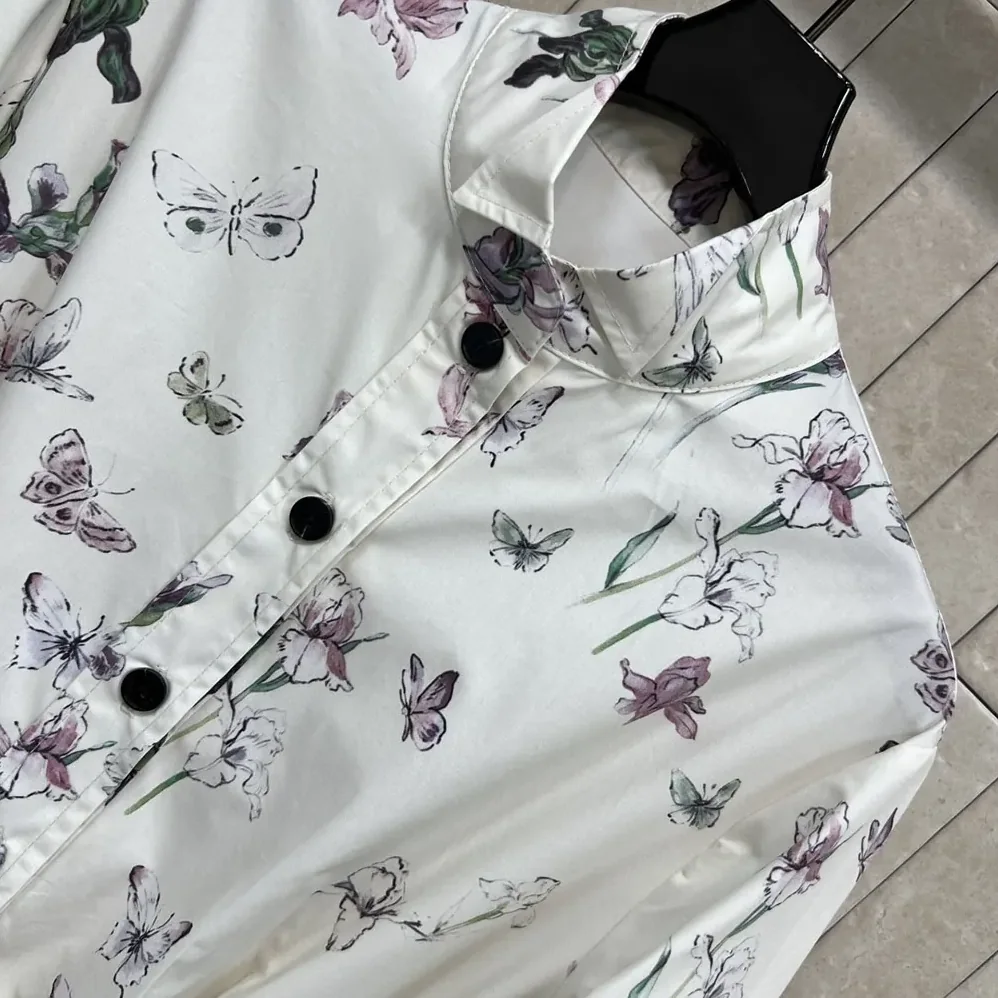 Dior Mid-Length Belted Shirtdress Beige Silk Twill with Multicolor Butterflies & Iris Motif for Women