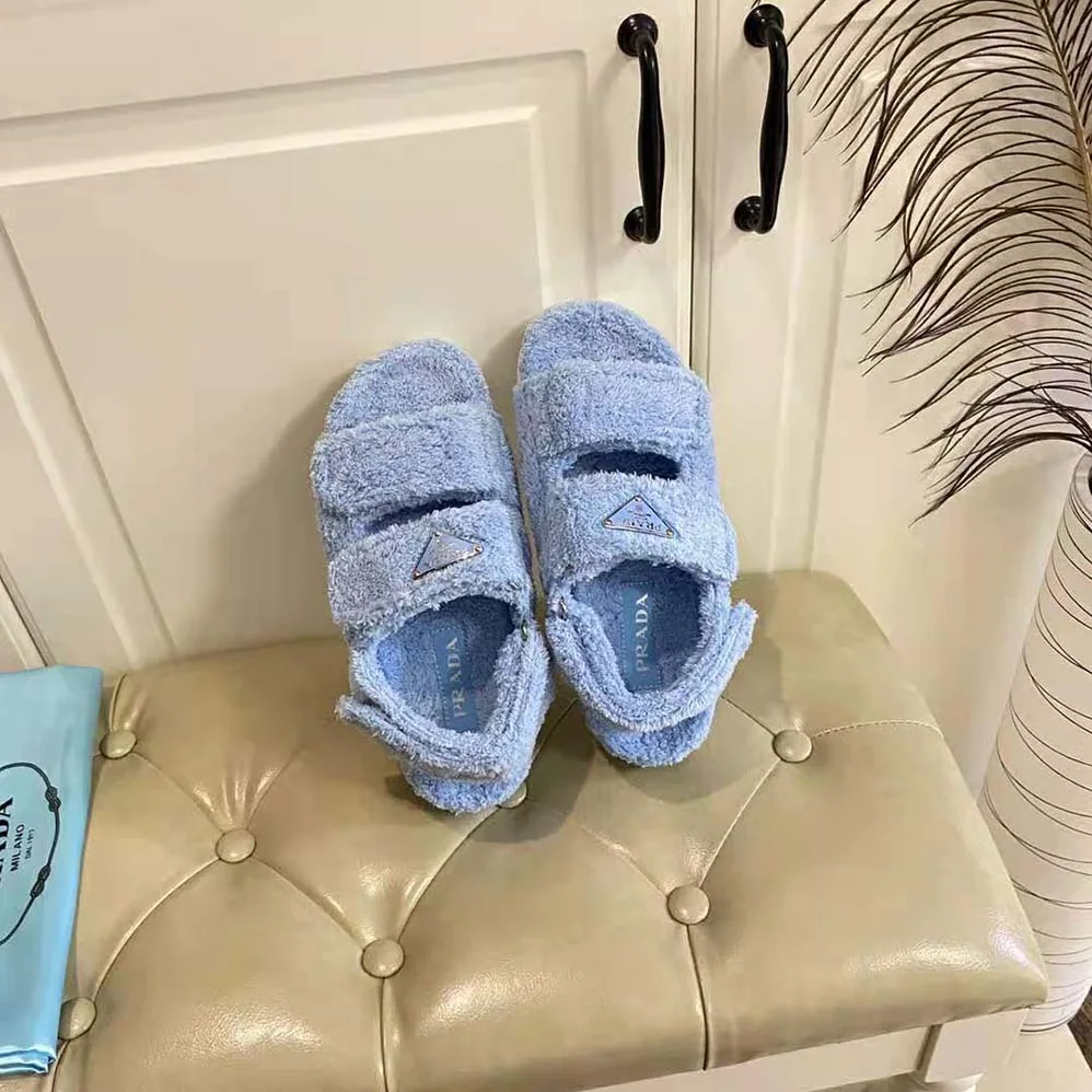 Prada Terrycloth Sandals with Enameled Metal Triangle Logo for Women in Blue