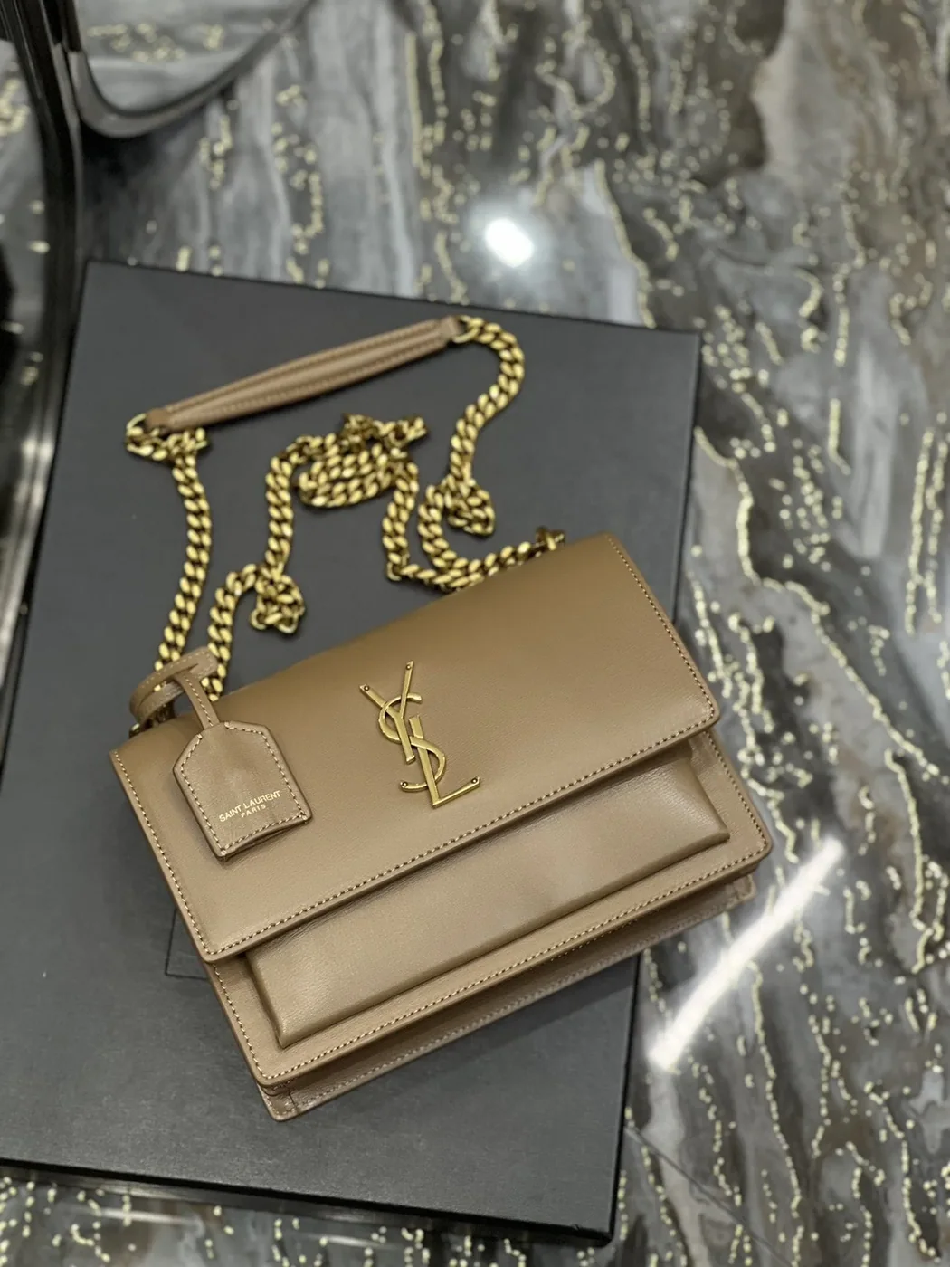 Saint Laurent Sunset Chain Medium Crossbody Bag in Dark Beige Gold Hardware