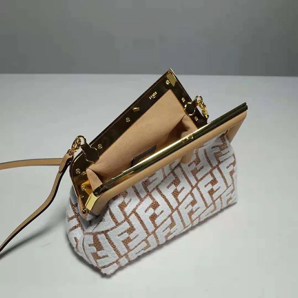 Fendi First Small Raffia Bag with White Tapestry Fabric FF Motif for Women Fendi First Small Raffia Bag with White Tapestry Fabric FF Motif for Women