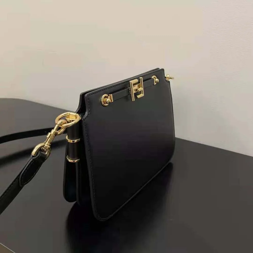 Fendi Touch Leather Bag with A Metal FF Clasp for Women in Black Fendi Touch Leather Bag with A Metal FF Clasp for Women in Black
