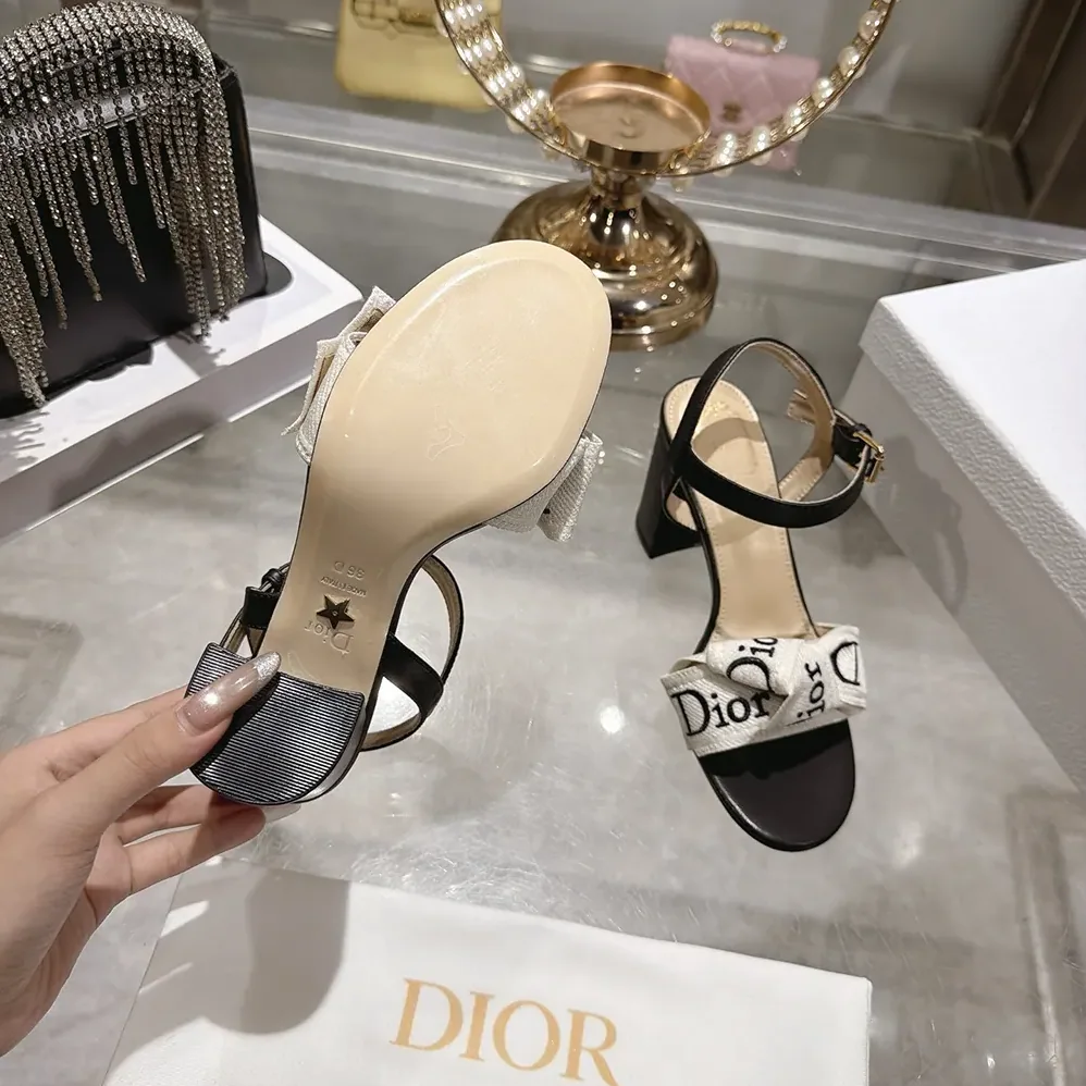 Dior J'Adior Heeled Sandal Embroidered Cotton and Black Lambskin for Women Dior J'Adior Heeled Sandal Embroidered Cotton and Black Lambskin for Women
