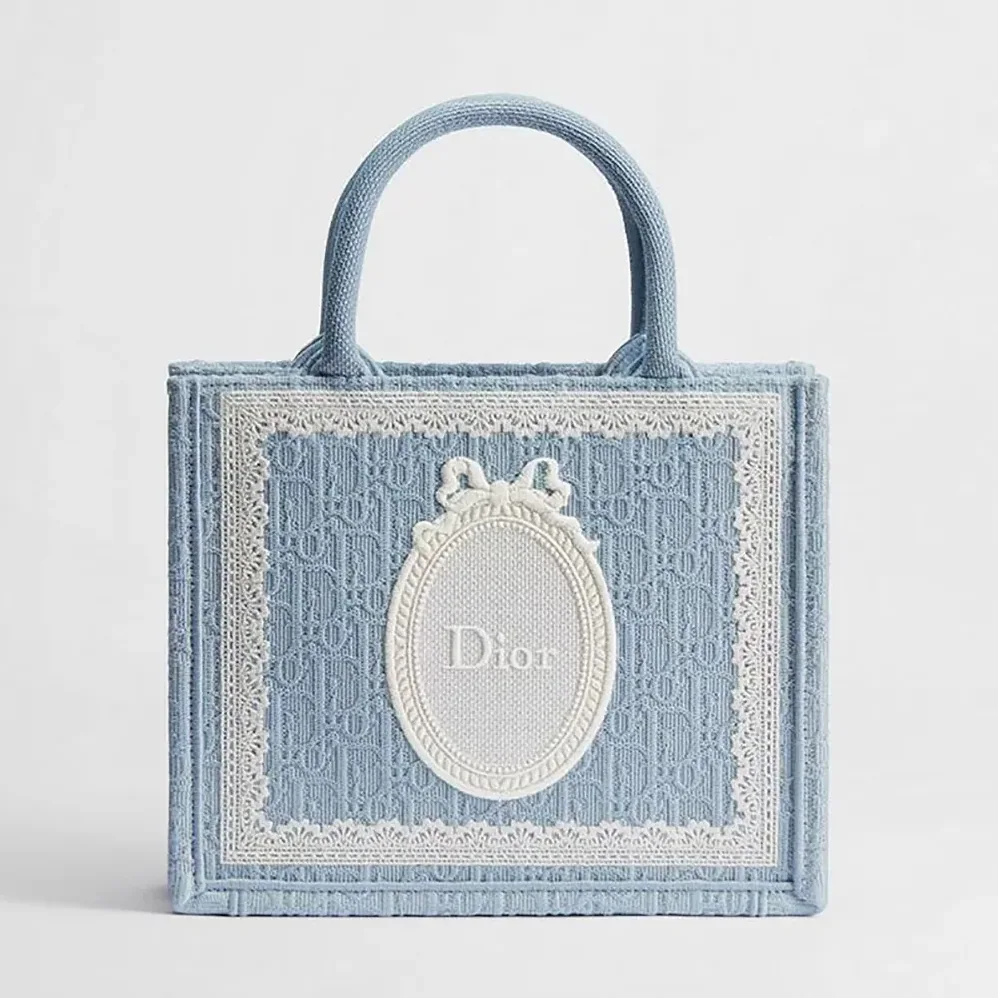 Dior Small Dior Book Tote with Strap Celestial Blue Dior Oblique Embroidery with White Lace and Dior Médaillon for Women